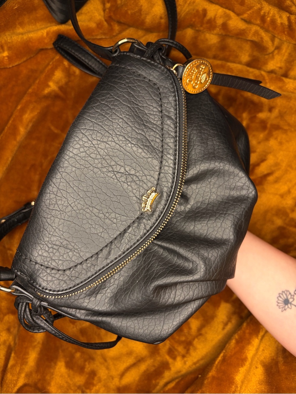 Black Pebbled Leather Crossbody with Gold Accents